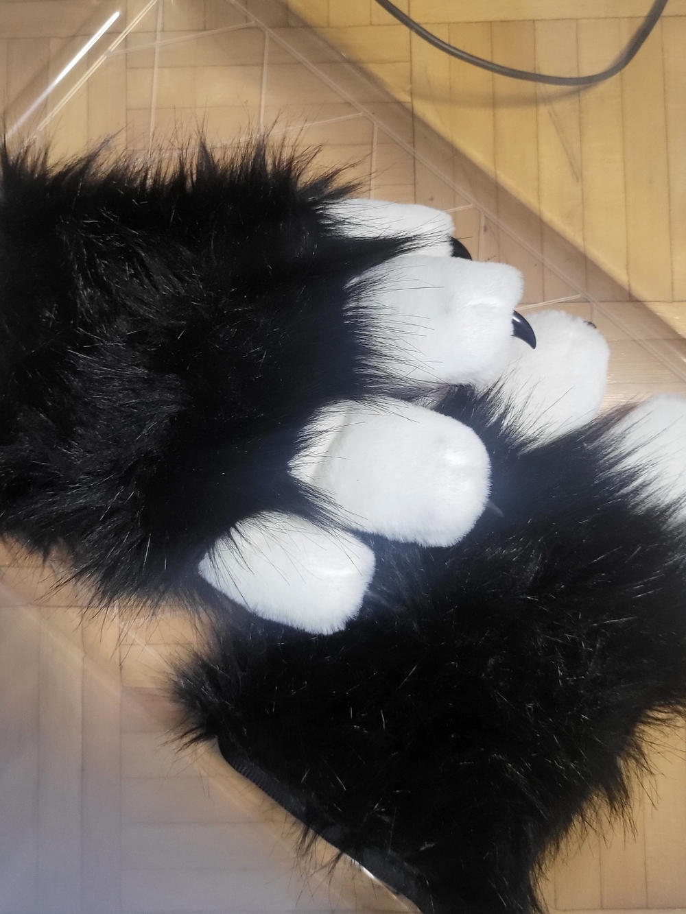 Source Unknown Black and White Furry Monster Paw Slippers
